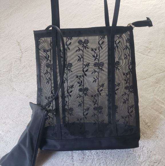 Elegant Black Floral Mesh Tote Bag - Picture 1 of 6